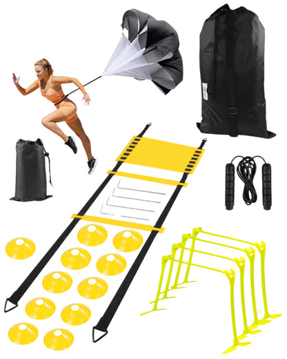 DF  Speed and Agility Training Set, Agility Training Equipment for Kids with 20Ft Sports Agility Ladders, Cones, Agility Hurdles, Resistance Parachute, Jump Rope for Basketball, Soccer